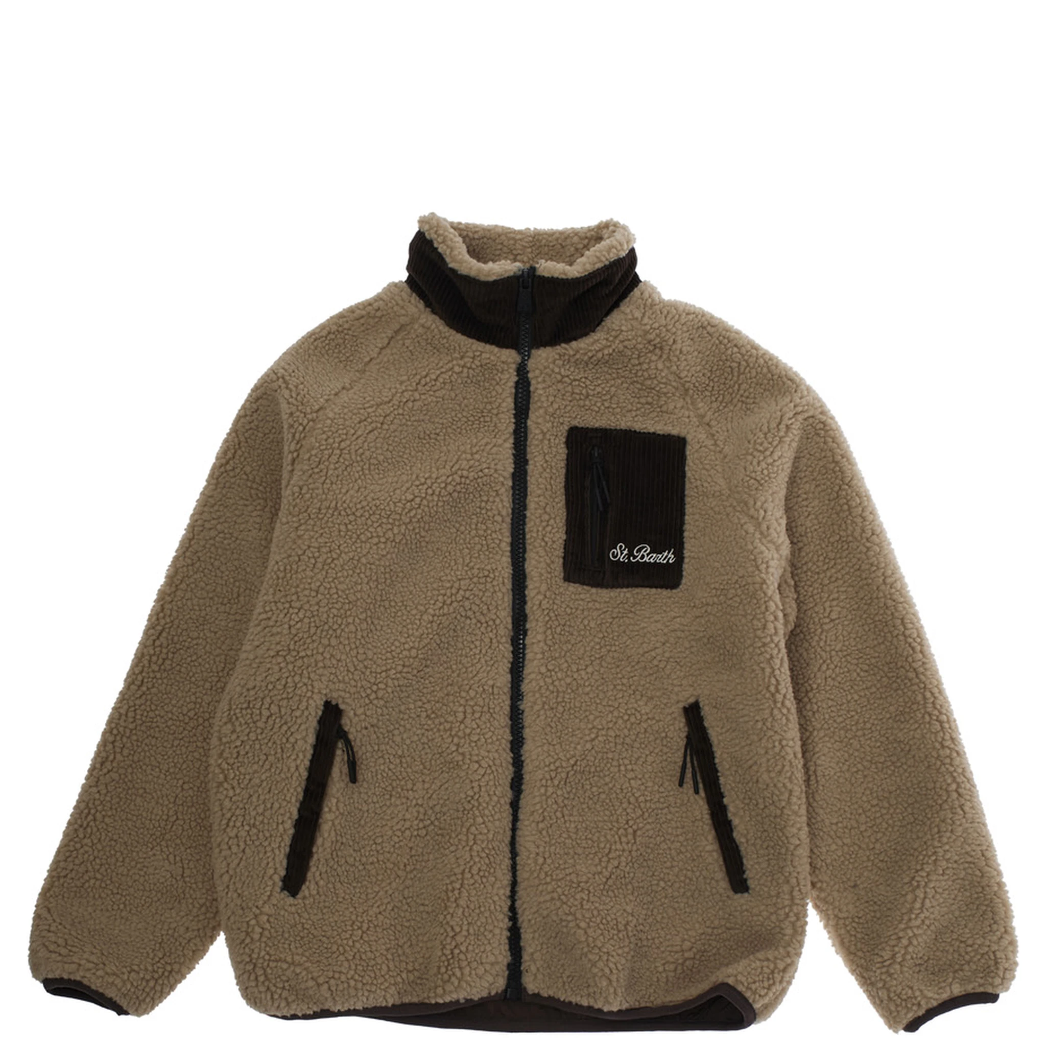 Brown Jacket with High Neck and One Patch Pocket with Logo Lettering on the Front in Fleece Boy