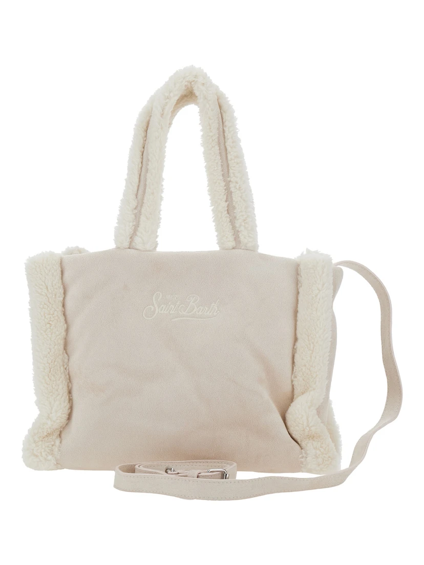Colette Beige Handbag with Logo Lettering on Front and Rear and Fringed Details in Wool Blend Girl