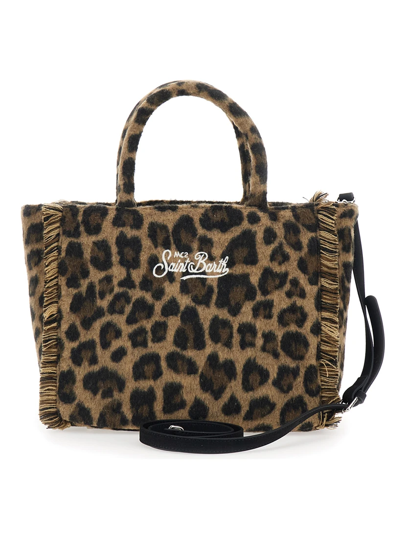 Colette Brown Handbag with Logo Lettering on Front and Back and Leopard Print in Fabric Girl