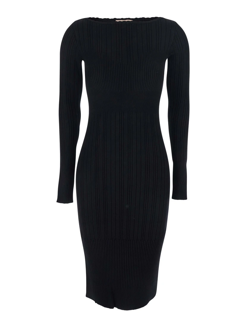 Black Long Dress with Boat Neck and Ribbed Design in Fabric Woman