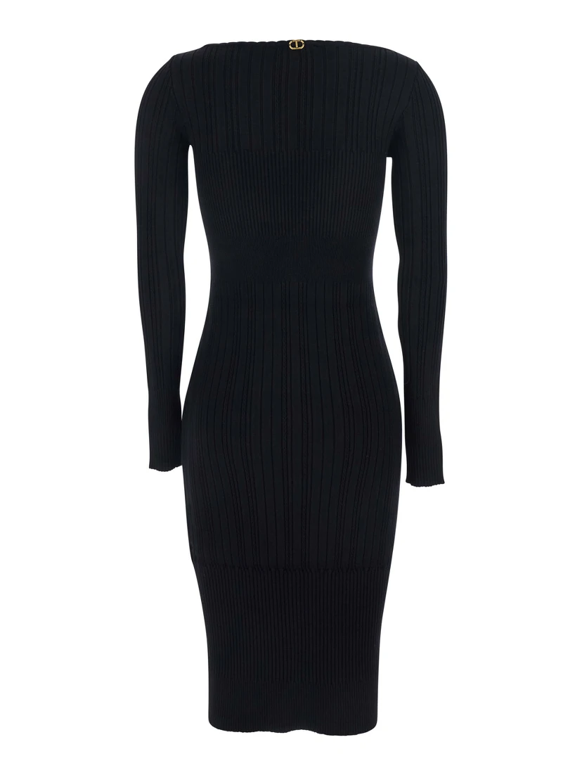 Black Long Dress with Boat Neck and Ribbed Design in Fabric Woman