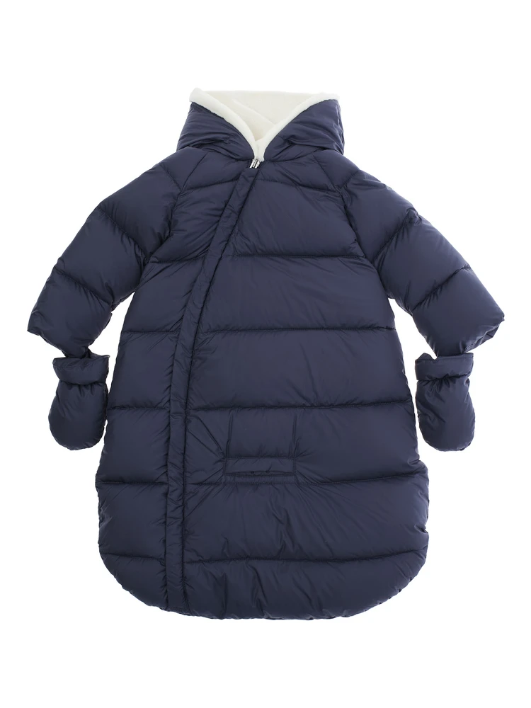 Blue Sleeping Sack Down Jacket with Fixed Hood and Removable Gloves in Tech Fabric Baby