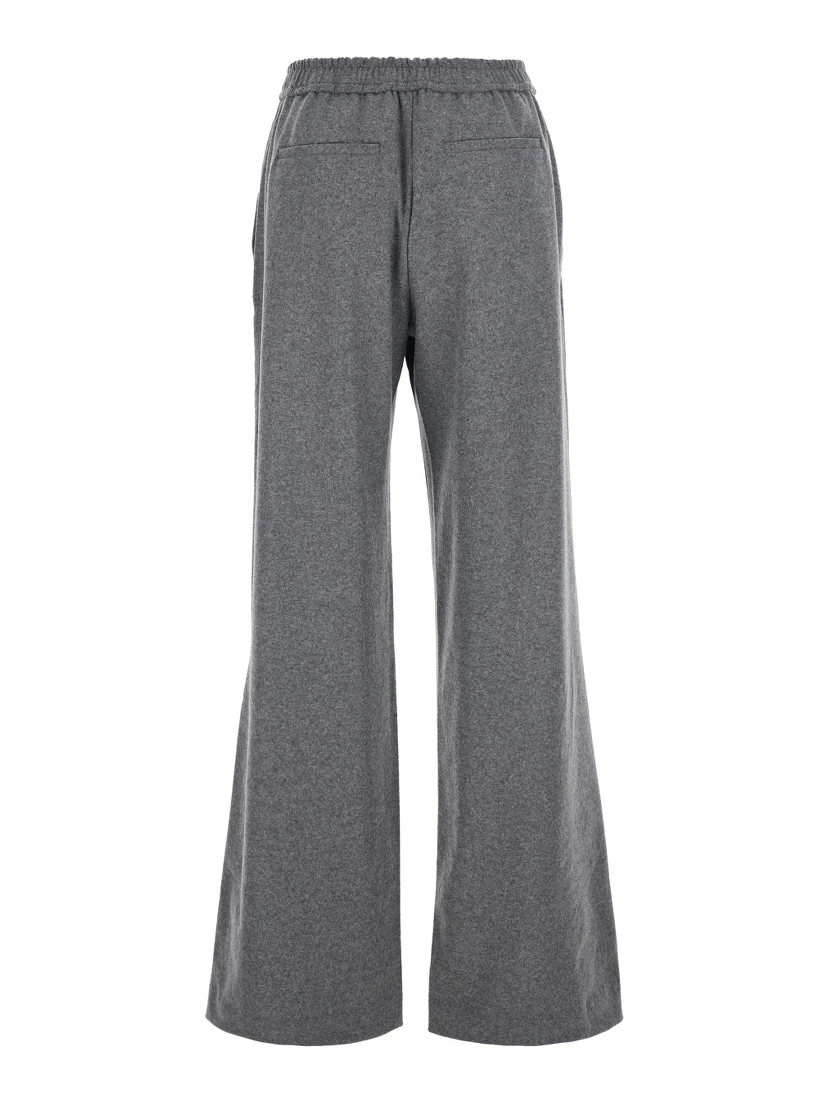 Grey Pants with Elastic Waist and Pleated Design in Wool Blend Woman