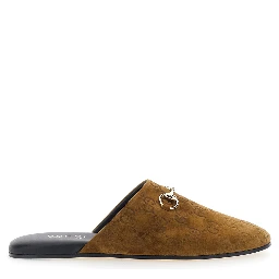 Brown Mule with Horsebit on the Front and All-Over GG Motif in Suede Woman