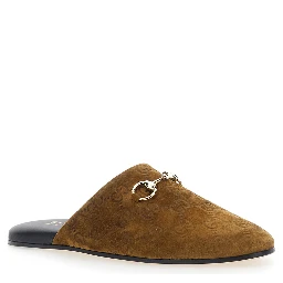 Brown Mule with Horsebit on the Front and All-Over GG Motif in Suede Woman