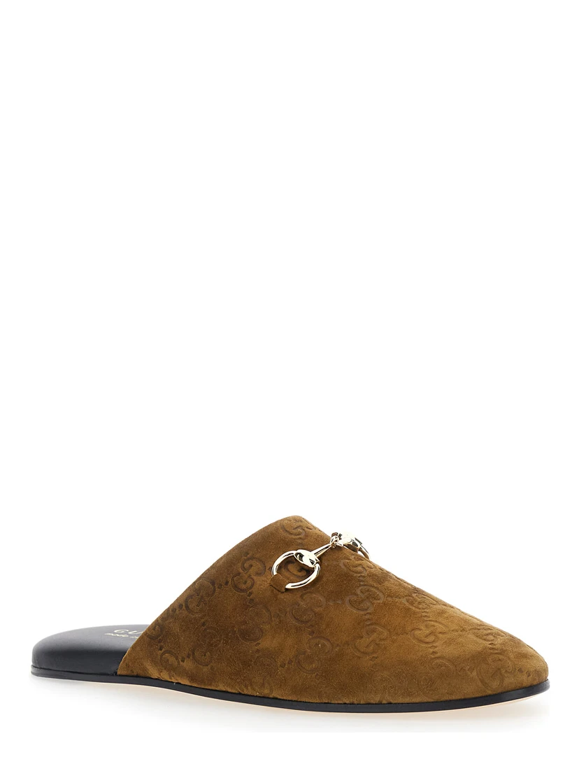 Brown Mule with Horsebit on the Front and All-Over GG Motif in Suede Woman
