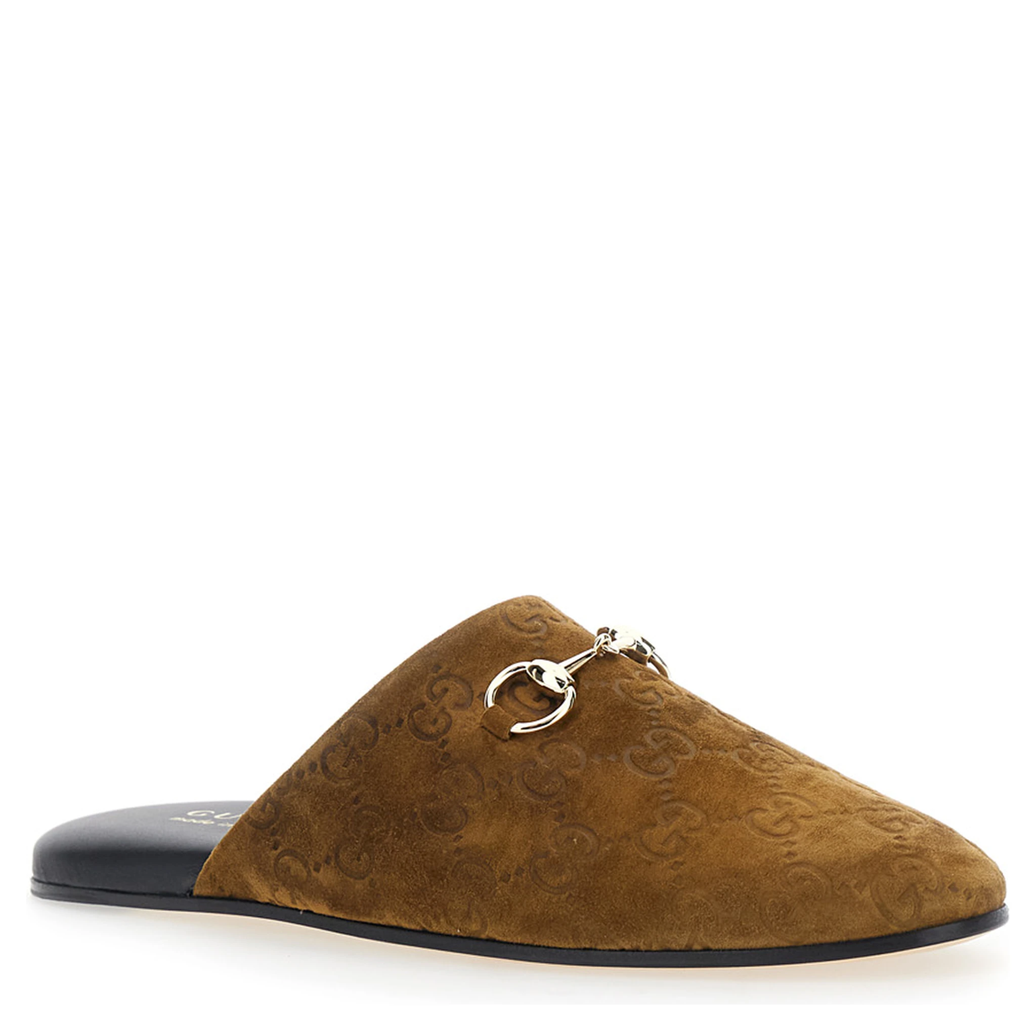 Brown Mule with Horsebit on the Front and All-Over GG Motif in Suede Woman