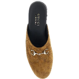 Brown Mule with Horsebit on the Front and All-Over GG Motif in Suede Woman