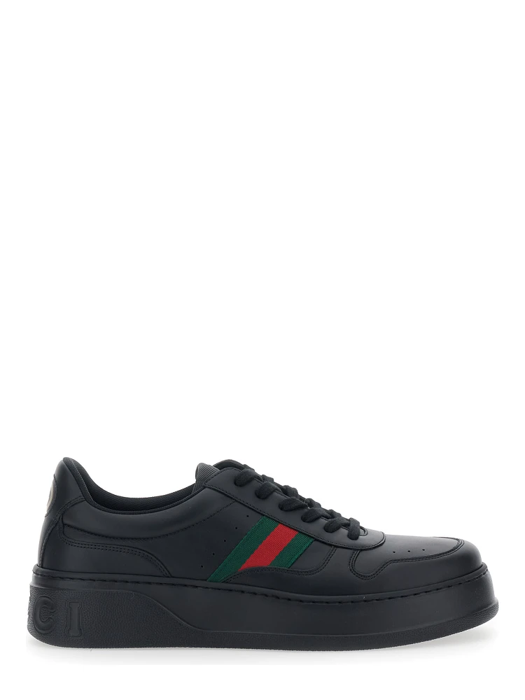 Black Sneakers with Web Detail and Oversized Sole in Leather Man