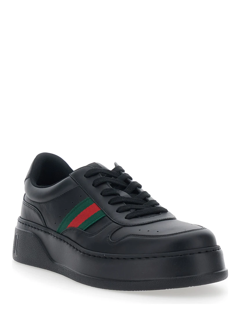 Black Sneakers with Web Detail and Oversized Sole in Leather Man
