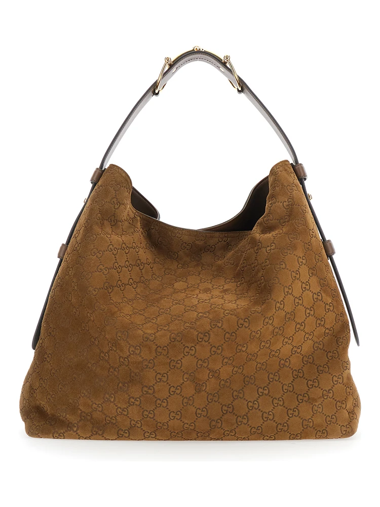 Beatrix Large Brown Shoulder Bag with All-Over GG Motif in Suede Woman