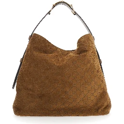 Beatrix Large Brown Shoulder Bag with All-Over GG Motif in Suede Woman