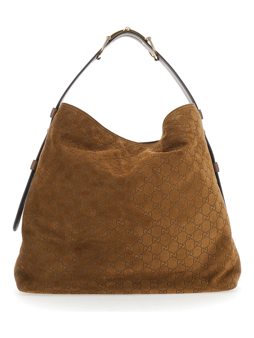 Beatrix Large Brown Shoulder Bag with All-Over GG Motif in Suede Woman