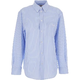 Light Blue Shirt with All-Over Stripe Motif and Embroidered Chest Logo in Cotton Woman