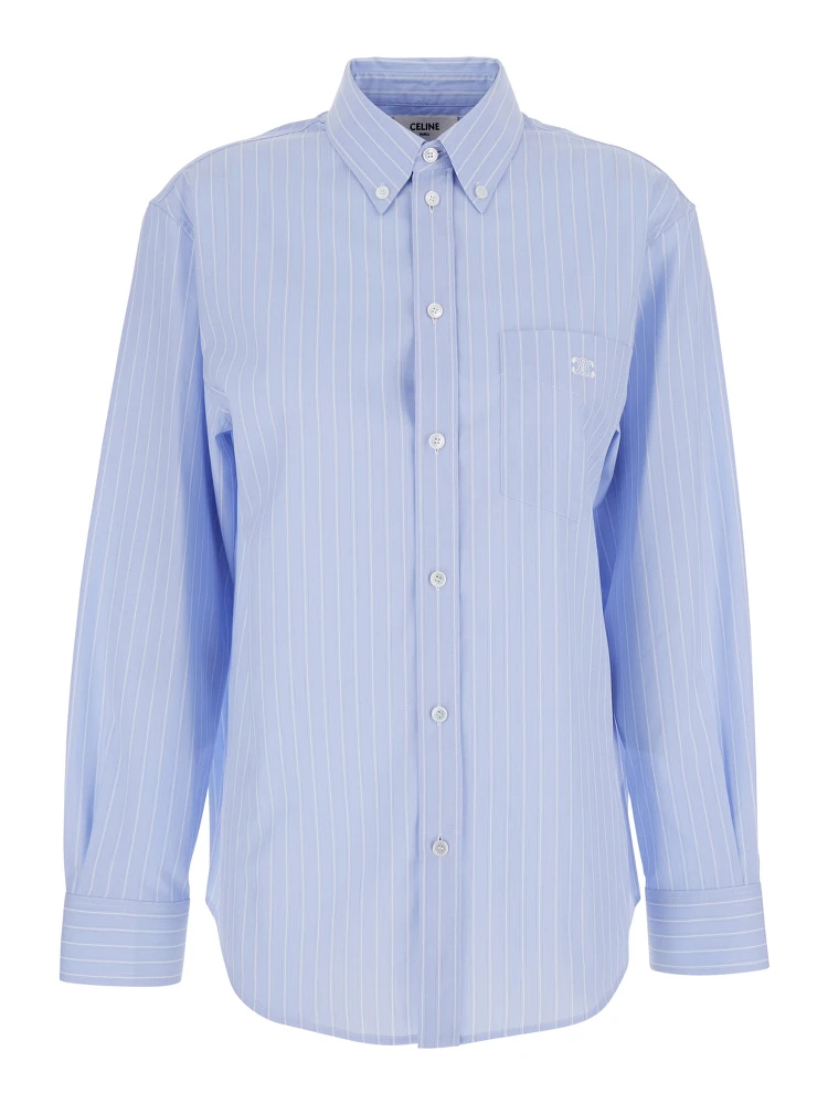 Light Blue Shirt with All-Over Stripe Motif and Embroidered Chest Logo in Cotton Woman