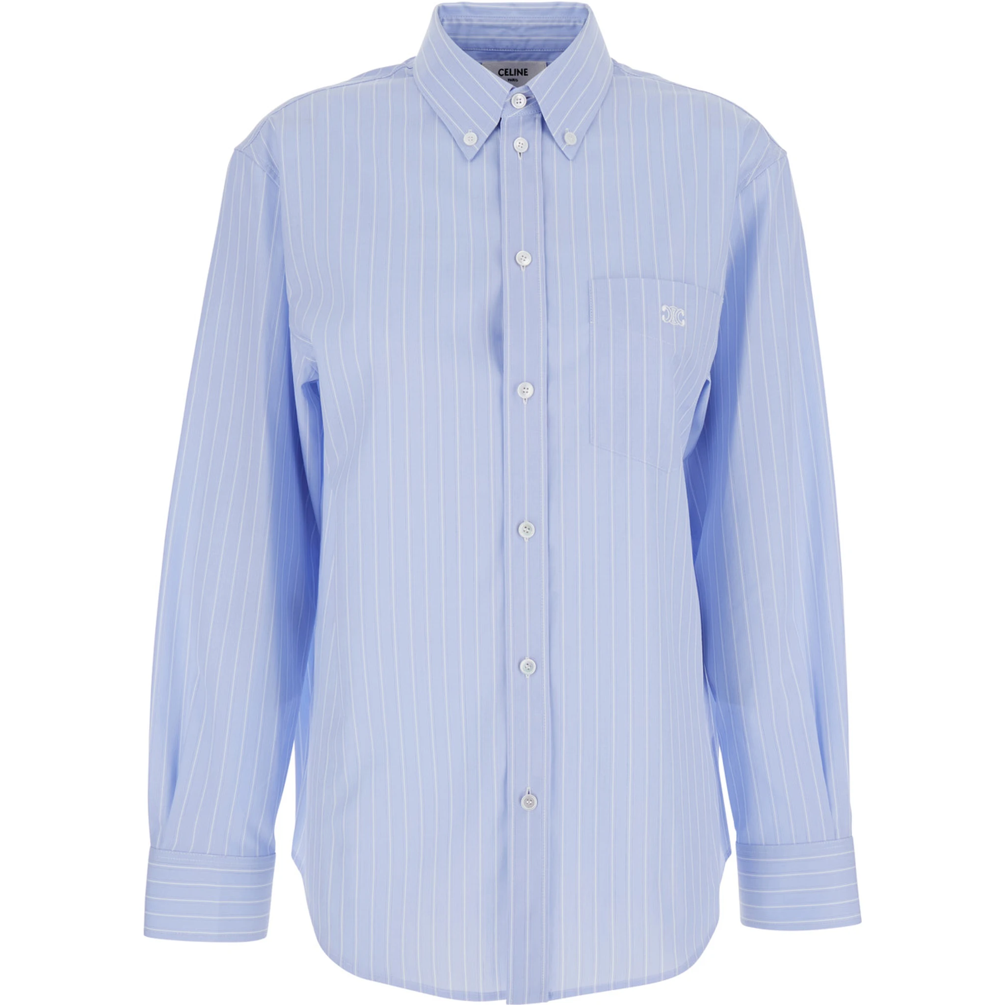 Light Blue Shirt with All-Over Stripe Motif and Embroidered Chest Logo in Cotton Woman
