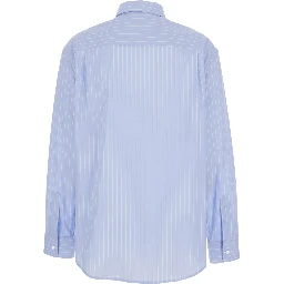 Light Blue Shirt with All-Over Stripe Motif and Embroidered Chest Logo in Cotton Woman