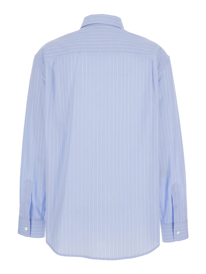 Light Blue Shirt with All-Over Stripe Motif and Embroidered Chest Logo in Cotton Woman