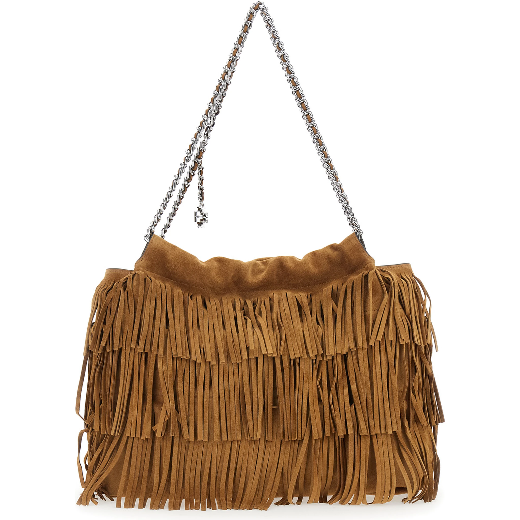 Fleming Brown Shoulder Bag with Chain Strap and Fringe Design in Suede Woman