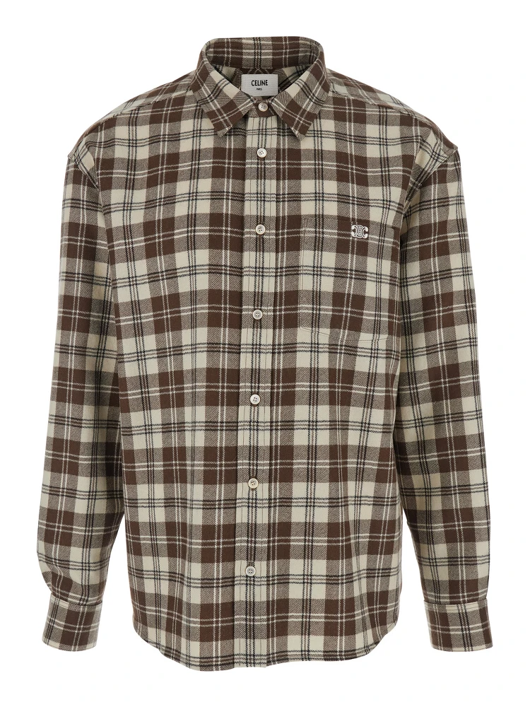 Brown Shirt with Checked Motif and Triomphe Logo Embroidered on the Front in Cotton Man