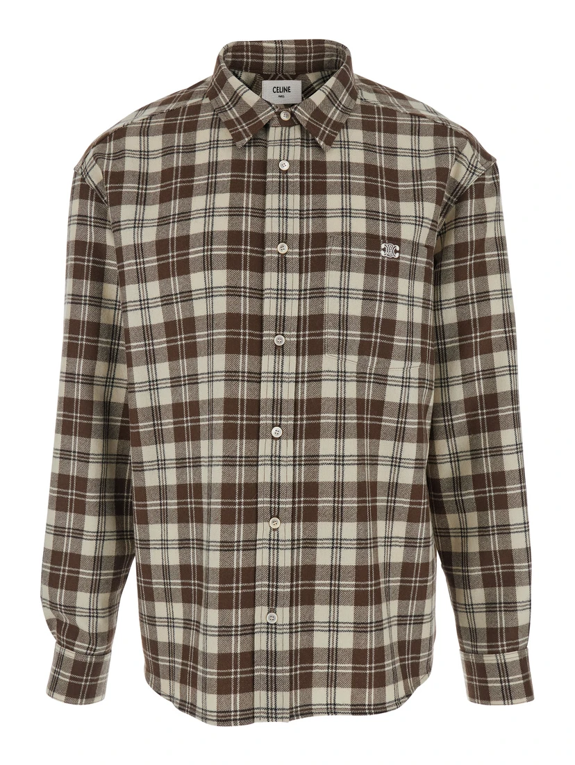 Brown Shirt with Checked Motif and Triomphe Logo Embroidered on the Front in Cotton Man