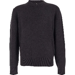 Dark Brown Crew Neck Sweater with Dropped Shoulder in Wool Blend Man