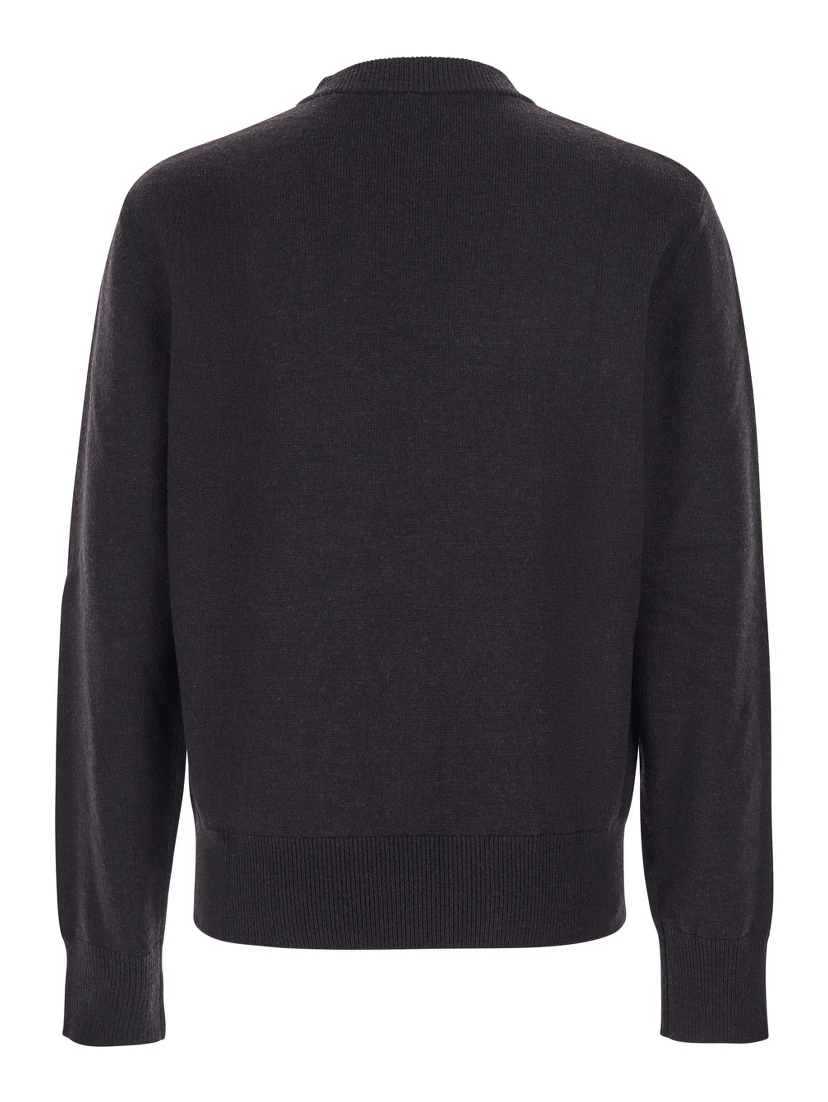 Dark Brown Crew Neck Sweater with Dropped Shoulder in Wool Blend Man