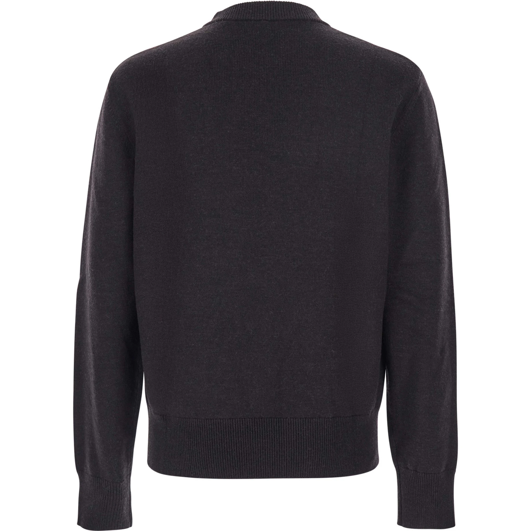 Dark Brown Crew Neck Sweater with Dropped Shoulder in Wool Blend Man
