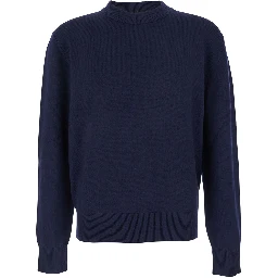Blue Crew Neck Sweater with Dropped Shoulder in Wool Blend Man