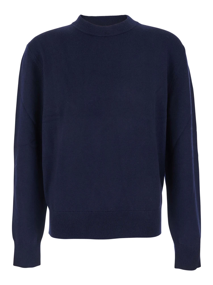 Blue Crew Neck Sweater with Dropped Shoulder in Wool Blend Man