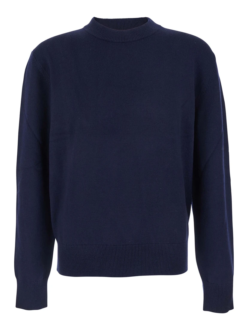 Blue Crew Neck Sweater with Dropped Shoulder in Wool Blend Man