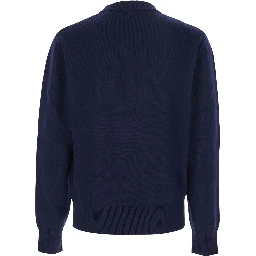 Blue Crew Neck Sweater with Dropped Shoulder in Wool Blend Man