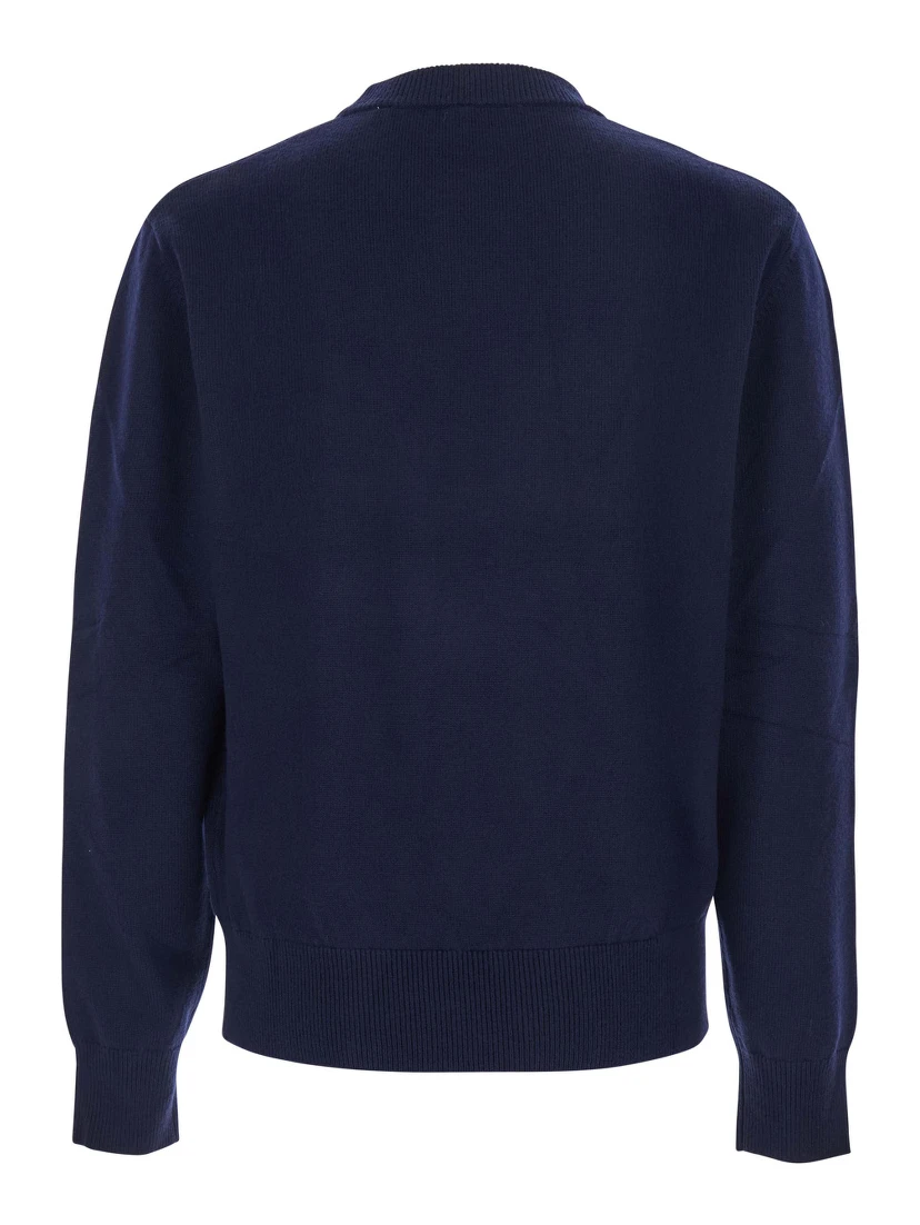 Blue Crew Neck Sweater with Dropped Shoulder in Wool Blend Man