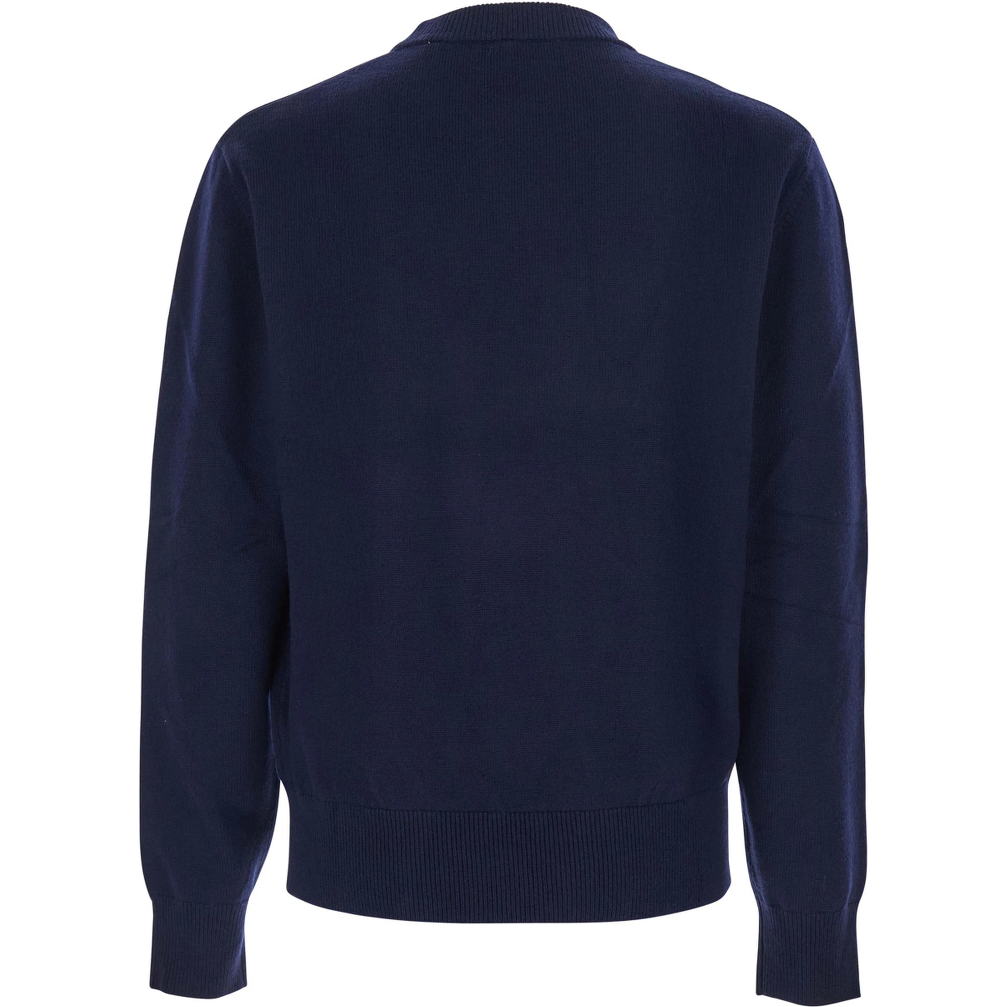 Blue Crew Neck Sweater with Dropped Shoulder in Wool Blend Man