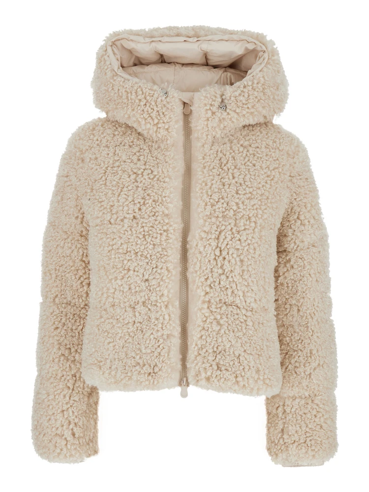 Dada Beige Jacket with Hood and Logo Patch on the Sleeve in Ecofur Woman