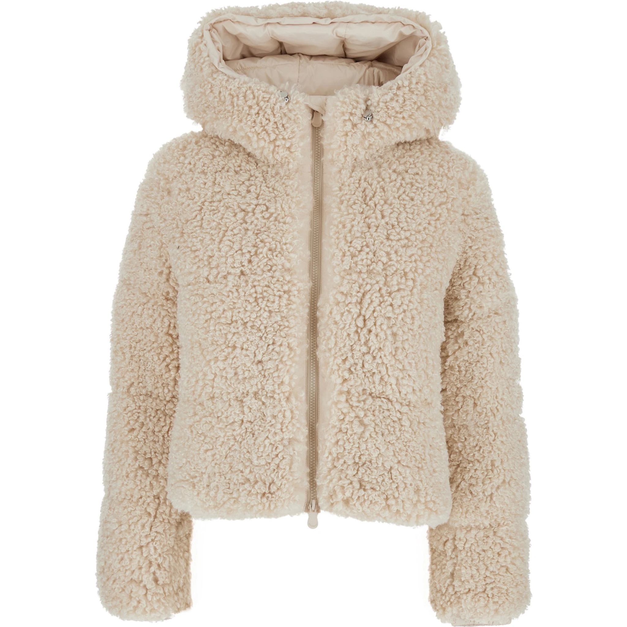 Dada Beige Jacket with Hood and Logo Patch on the Sleeve in Ecofur Woman