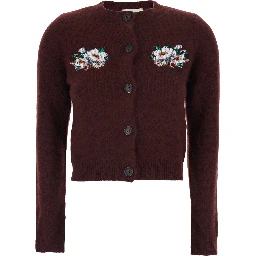 Bordeaux Crewneck Cardigan with Beaded Embroidery on the Front in Wool Blend Woman