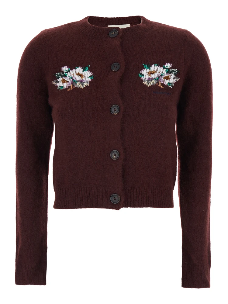 Bordeaux Crewneck Cardigan with Beaded Embroidery on the Front in Wool Blend Woman