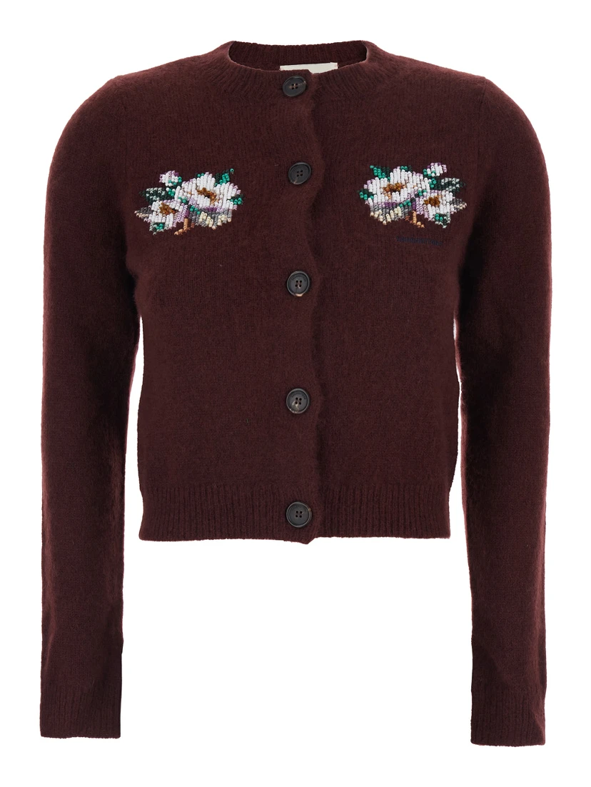 Bordeaux Crewneck Cardigan with Beaded Embroidery on the Front in Wool Blend Woman