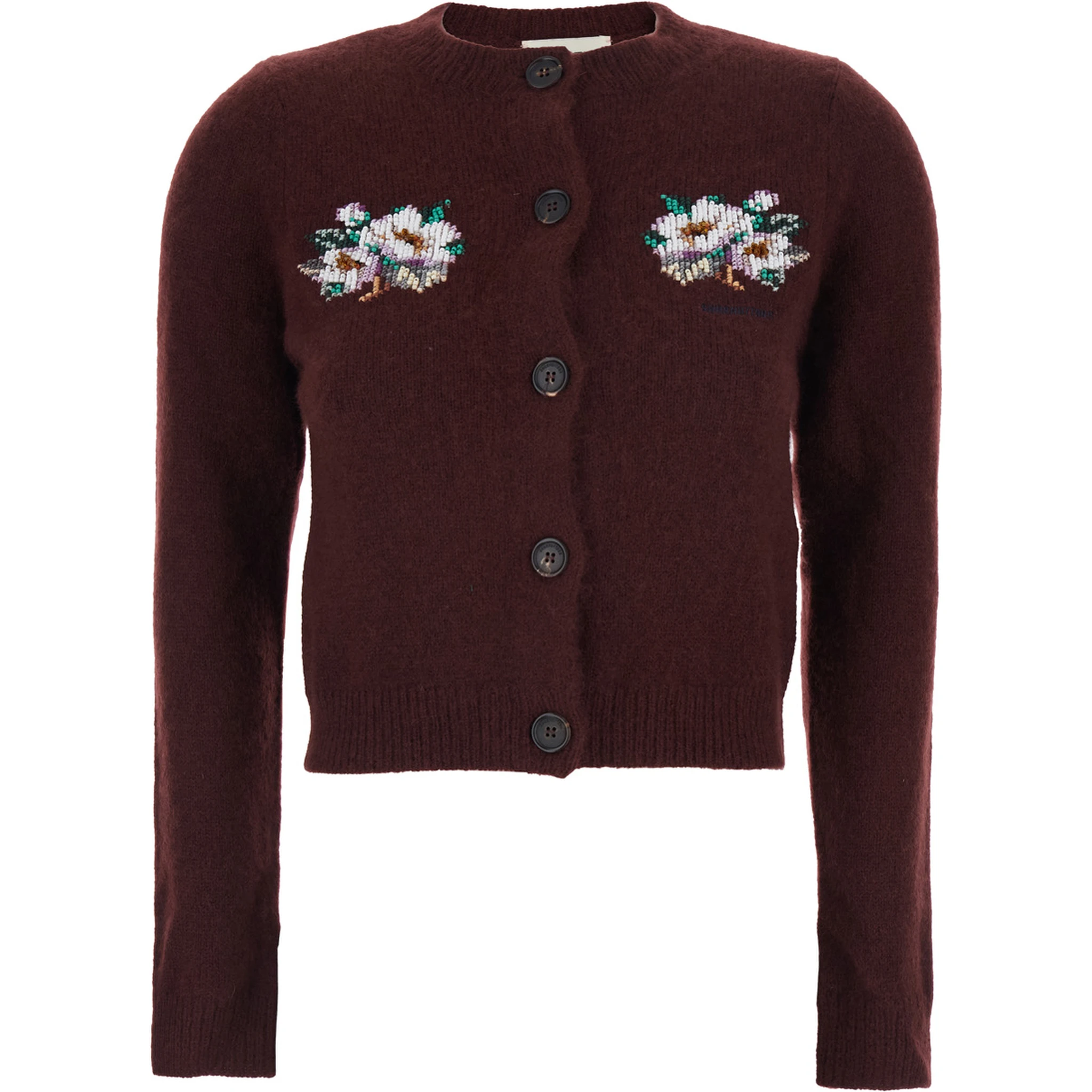 Bordeaux Crewneck Cardigan with Beaded Embroidery on the Front in Wool Blend Woman