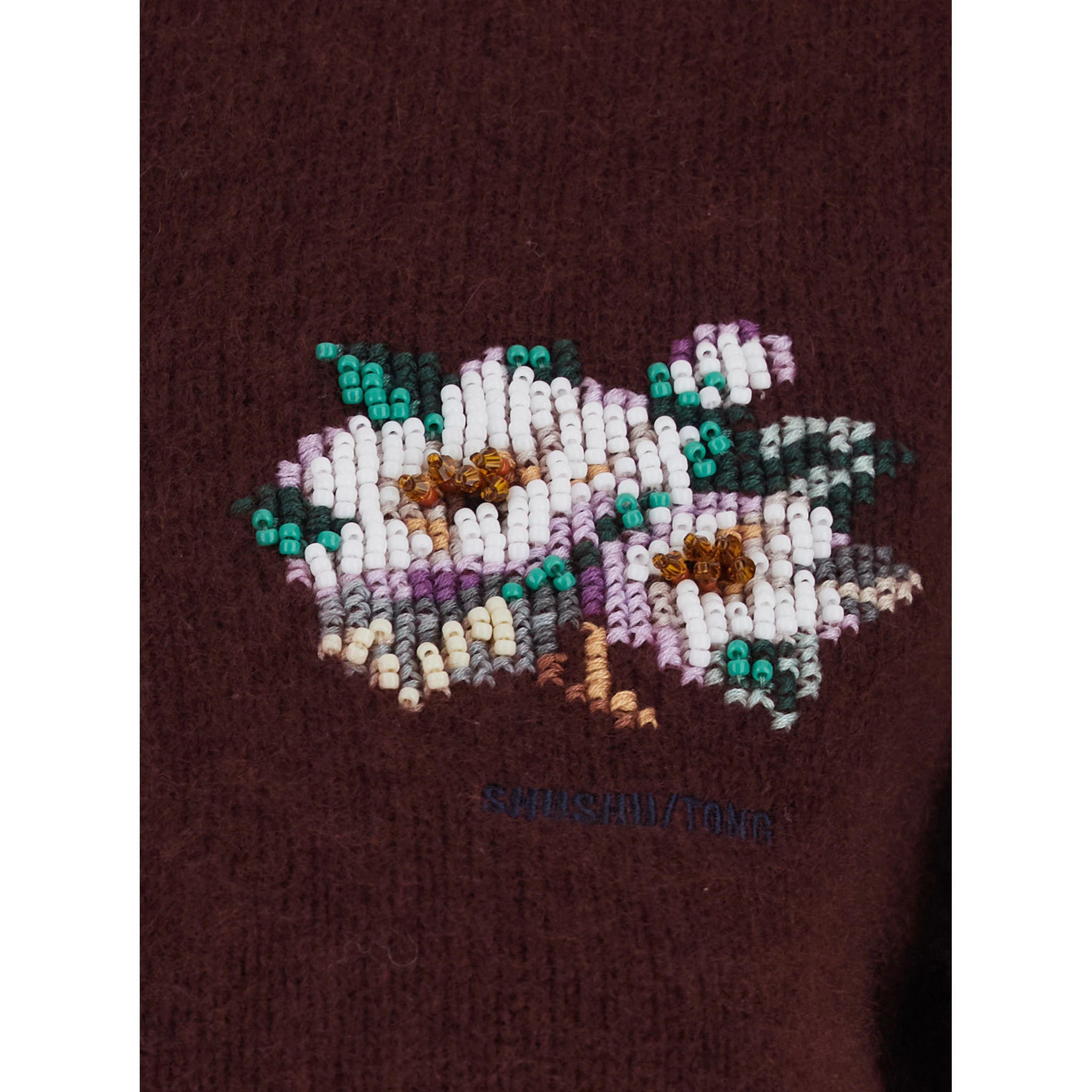 Bordeaux Crewneck Cardigan with Beaded Embroidery on the Front in Wool Blend Woman