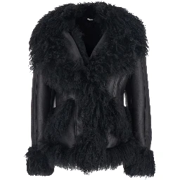 Black Shearling Jacket with Wide Revers and Front Snap Button Closure in Leather and Fur Woman