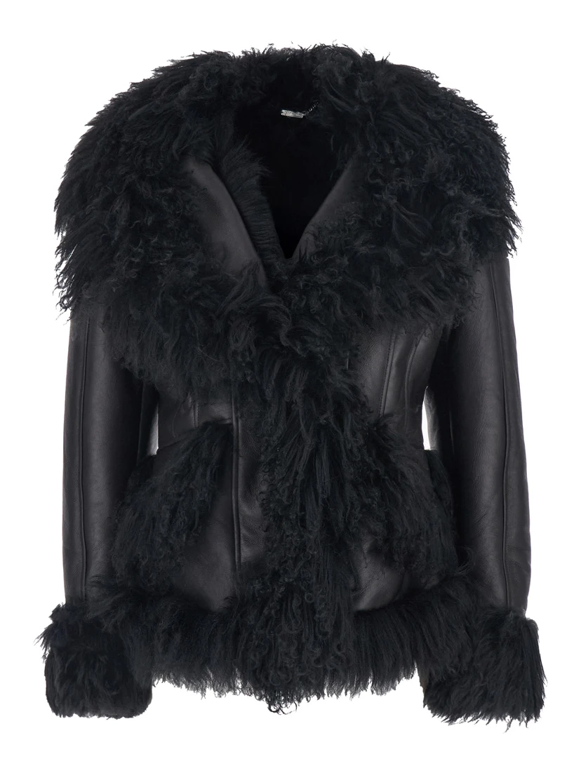 Black Shearling Jacket with Wide Revers and Front Snap Button Closure in Leather and Fur Woman