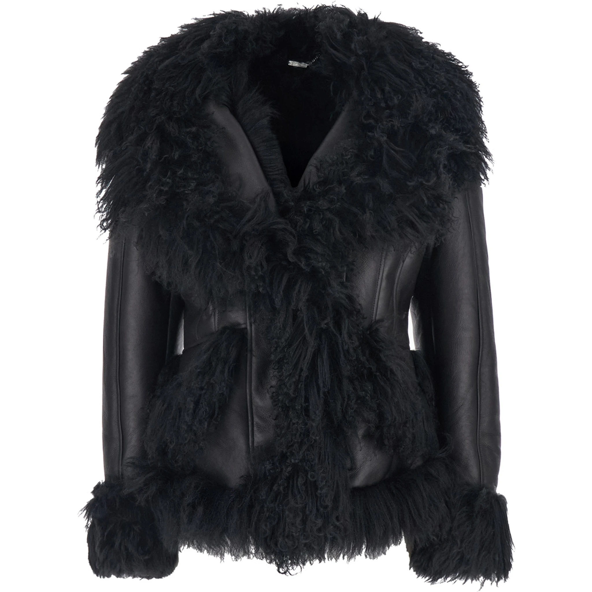 Black Shearling Jacket with Wide Revers and Front Snap Button Closure in Leather and Fur Woman