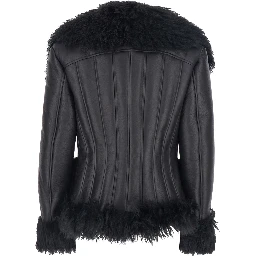 Black Shearling Jacket with Wide Revers and Front Snap Button Closure in Leather and Fur Woman