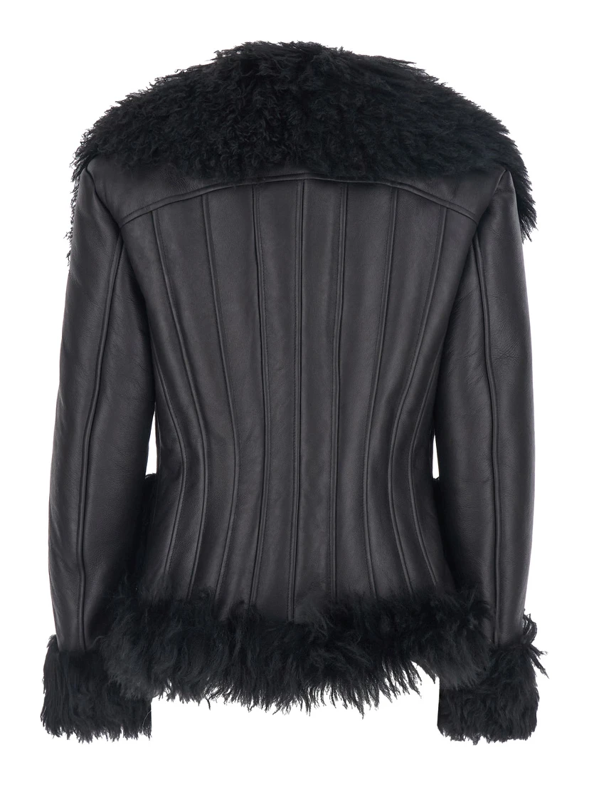 Black Shearling Jacket with Wide Revers and Front Snap Button Closure in Leather and Fur Woman