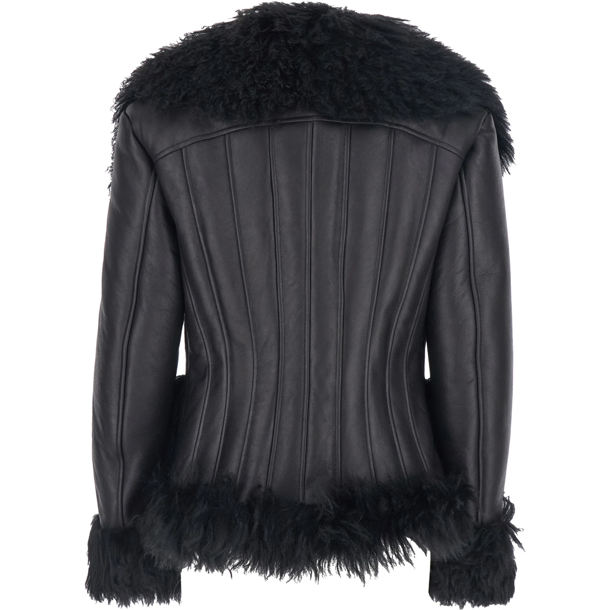 Black Shearling Jacket with Wide Revers and Front Snap Button Closure in Leather and Fur Woman