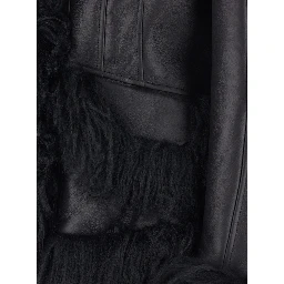 Black Shearling Jacket with Wide Revers and Front Snap Button Closure in Leather and Fur Woman
