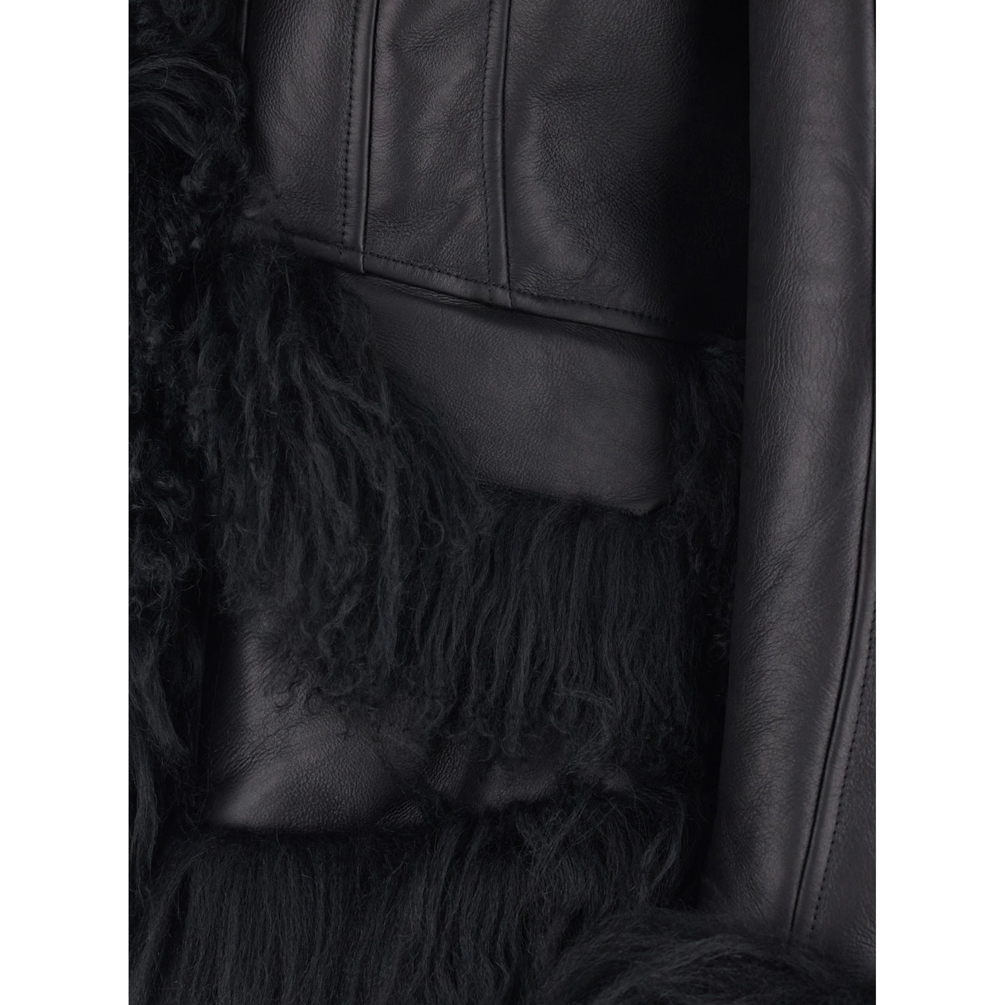 Black Shearling Jacket with Wide Revers and Front Snap Button Closure in Leather and Fur Woman