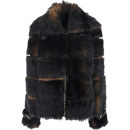 Brown Shearling Jacket with Spread Buckled Collar and Horizontal Band Embellishments in Fur Woman